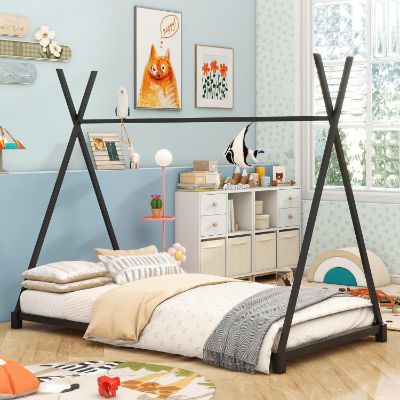 Lit Tipi Enfant Style Montessori - Dimensions 190 X 120 Cm, Structure En Lattes - Espace De Jeu Et Sommeil Sécurisé - Couleur Noir